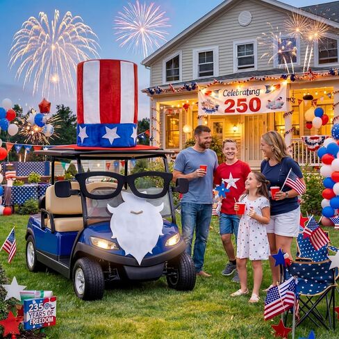 Knitgrip 4 Pcs 4th of July Golf Cart Decorations Including Jumbo Patriotic Top Hat Glasses and Beard Golf Cart Independence Day Accessories for Parade 250th Anniversary Patriotic Decor in Kuwait