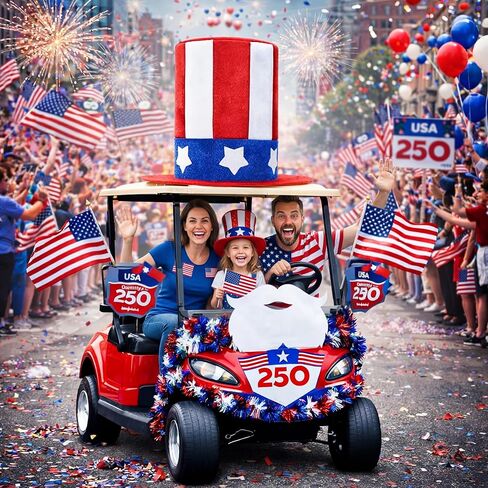Knitgrip 4 Pcs 4th of July Golf Cart Decorations Including Jumbo Patriotic Top Hat Glasses and Beard Golf Cart Independence Day Accessories for Parade 250th Anniversary Patriotic Decor in Kuwait