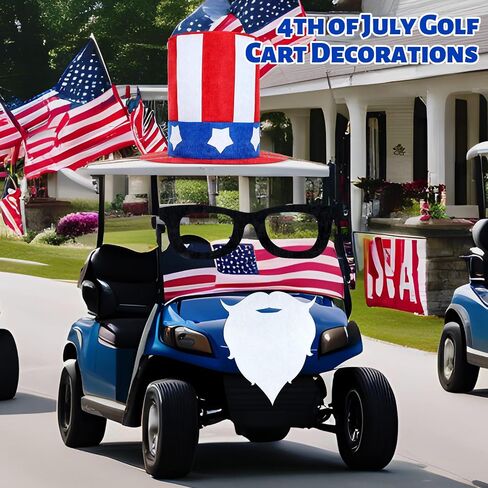 Knitgrip 4 Pcs 4th of July Golf Cart Decorations Including Jumbo Patriotic Top Hat Glasses and Beard Golf Cart Independence Day Accessories for Parade 250th Anniversary Patriotic Decor in Kuwait