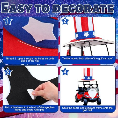 Knitgrip 4 Pcs 4th of July Golf Cart Decorations Including Jumbo Patriotic Top Hat Glasses and Beard Golf Cart Independence Day Accessories for Parade 250th Anniversary Patriotic Decor in Kuwait