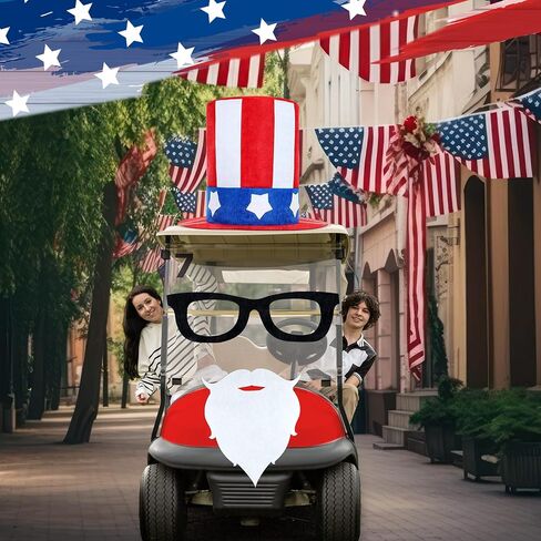 Knitgrip 4 Pcs 4th of July Golf Cart Decorations Including Jumbo Patriotic Top Hat Glasses and Beard Golf Cart Independence Day Accessories for Parade 250th Anniversary Patriotic Decor in Kuwait