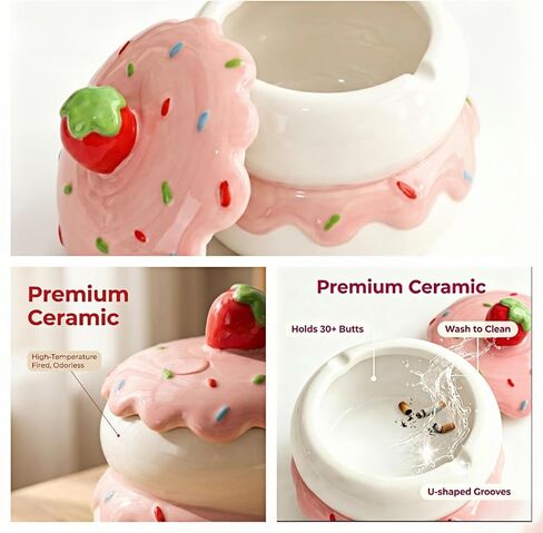 Pink Strawberry Cake Cute Ashtray with Lid, Ceramic Ashtrays for Weed Cigar Smoking Accessories, Funny Ashtray Home Decor in Kuwait