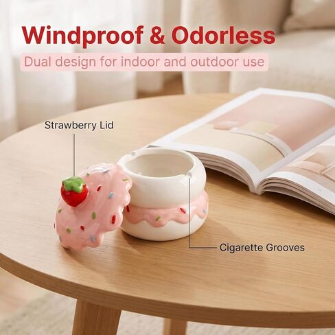 Pink Strawberry Cake Cute Ashtray with Lid, Ceramic Ashtrays for Weed Cigar Smoking Accessories, Funny Ashtray Home Decor in Kuwait