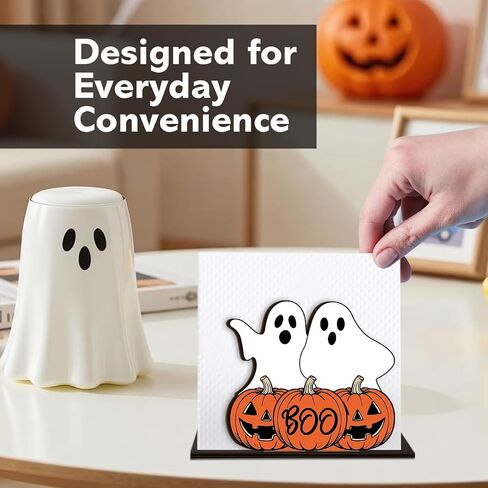Singhaaje Halloween Ghost Napkin Holder Boo Wooden Napkin Holder Decor | Ghost Pumpkin Napkin Holder for Tables, Spooky Decor for Party Home Kitchen Dining Living Room in Kuwait