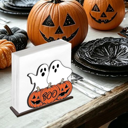 Singhaaje Halloween Ghost Napkin Holder Boo Wooden Napkin Holder Decor | Ghost Pumpkin Napkin Holder for Tables, Spooky Decor for Party Home Kitchen Dining Living Room in Kuwait