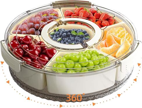 Divided Serving Tray with Lid and Handle, Portable Snackle Box Container for Fruits Snacks Charcuterie Organizer, Spinning Rounded Veggie Tray for Kitchen, Party, Travel and Picnic in Kuwait