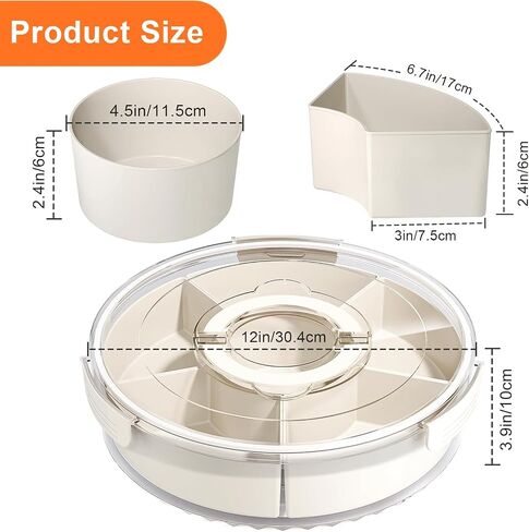 Divided Serving Tray with Lid and Handle, Portable Snackle Box Container for Fruits Snacks Charcuterie Organizer, Spinning Rounded Veggie Tray for Kitchen, Party, Travel and Picnic in Kuwait