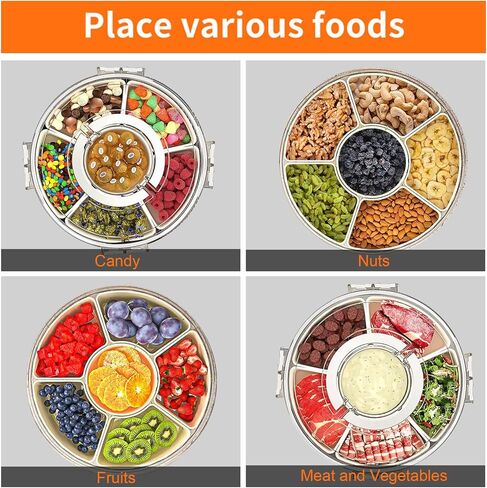 Divided Serving Tray with Lid and Handle, Portable Snackle Box Container for Fruits Snacks Charcuterie Organizer, Spinning Rounded Veggie Tray for Kitchen, Party, Travel and Picnic in Kuwait