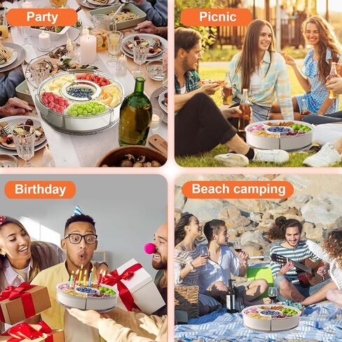 Divided Serving Tray with Lid and Handle, Portable Snackle Box Container for Fruits Snacks Charcuterie Organizer, Spinning Rounded Veggie Tray for Kitchen, Party, Travel and Picnic in Kuwait