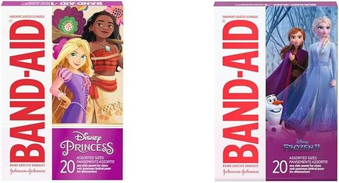 مجموعة من الضمادات اللاصقة ذات العلامة التجارية BAND-AID للأطفال، أميرات ديزني، متنوعة، 20 قطعة وضمادات لاصقة من العلامة التجارية BAND-AID، Disney Frozen II، أحجام متنوعة، 20 قطعة in Kuwait