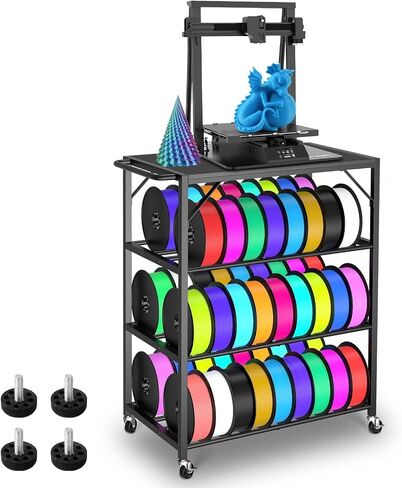 3D Printer Stand with Filaments Storage,4-Tier Heavy Duty 3D Printer Table Cart with Wheels,3D Printer Filament Rack for PLA/ABS/TPU/Nylon,Filament Spool Holder for Workshop Studio Home Office (Black) in Kuwait