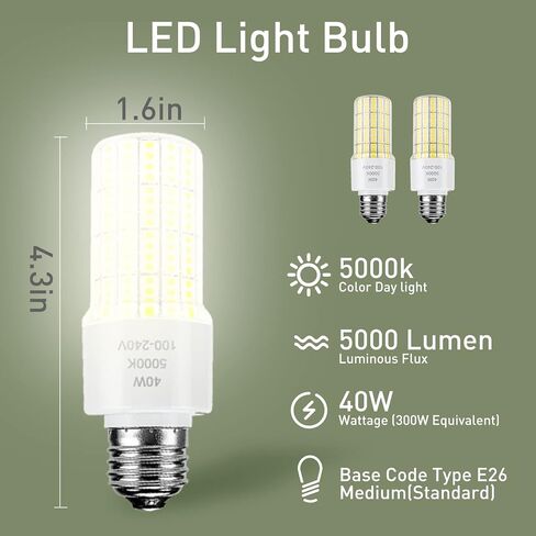 2 Pack 40W Led Light Bulb(300W Equivalent) 5000 Lumens 5000K Daylight White Led Bulbs E26/E27 Medium Base for Indoor Outdoor Street Office Warehouse Workshop Garage Backyard in Kuwait