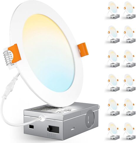CHARKEE 12 حزمة من مصابيح السقف LED مقاس 6 بوصات، 5CCT قابلة للتحديد 2700K-5000K، إضاءة سفلية رفيعة للغاية بدون علبة مع صندوق توصيل، قابلة للتعتيم، سطوع عالي 1050LM، 12W، ETL & Energy Star & FCC in Kuwait