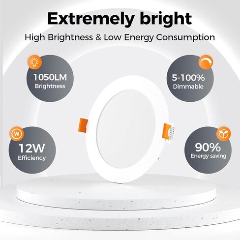 CHARKEE 12 حزمة من مصابيح السقف LED مقاس 6 بوصات، 5CCT قابلة للتحديد 2700K-5000K، إضاءة سفلية رفيعة للغاية بدون علبة مع صندوق توصيل، قابلة للتعتيم، سطوع عالي 1050LM، 12W، ETL & Energy Star & FCC in Kuwait