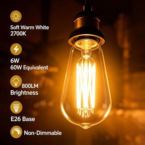 لمبات إضاءة إديسون LED، عبوتان غير قابلتين للتعتيم E26 لمبات إضاءة LED عتيقة ST58 2700K أبيض ناعم، 6 وات يعادل 60 وات من الزجاج الشفاف مع 80+CRI، إضاءة على الطراز العتيق in Kuwait