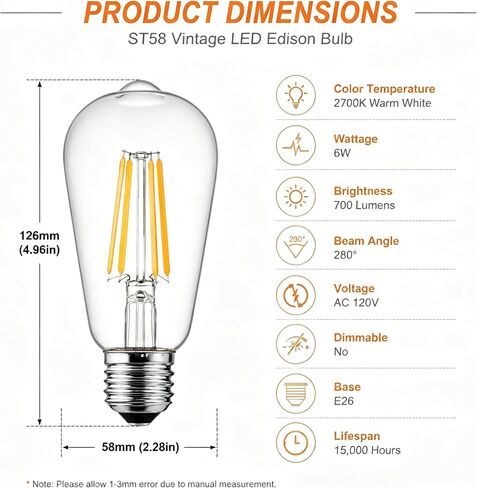 لمبات إضاءة إديسون LED، عبوتان غير قابلتين للتعتيم E26 لمبات إضاءة LED عتيقة ST58 2700K أبيض ناعم، 6 وات يعادل 60 وات من الزجاج الشفاف مع 80+CRI، إضاءة على الطراز العتيق in Kuwait