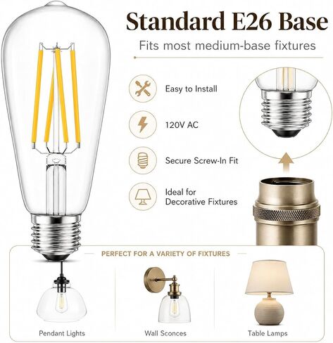 لمبات إضاءة إديسون LED، عبوتان غير قابلتين للتعتيم E26 لمبات إضاءة LED عتيقة ST58 2700K أبيض ناعم، 6 وات يعادل 60 وات من الزجاج الشفاف مع 80+CRI، إضاءة على الطراز العتيق in Kuwait