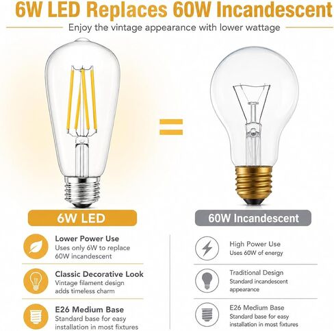 لمبات إضاءة إديسون LED، عبوتان غير قابلتين للتعتيم E26 لمبات إضاءة LED عتيقة ST58 2700K أبيض ناعم، 6 وات يعادل 60 وات من الزجاج الشفاف مع 80+CRI، إضاءة على الطراز العتيق in Kuwait
