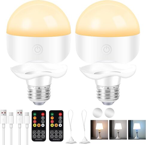 E26 Rechargeable Light Bulbs,Magnetic LED Portable Bulb with Remote and Timer, Battery Operated and Dimmable 3 Color Temperatures Backup Bulb for Sconces and Bedside Lamps Non-Hardwired Fixture,2 Pack in Kuwait