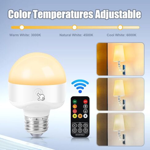 E26 Rechargeable Light Bulbs,Magnetic LED Portable Bulb with Remote and Timer, Battery Operated and Dimmable 3 Color Temperatures Backup Bulb for Sconces and Bedside Lamps Non-Hardwired Fixture,2 Pack in Kuwait