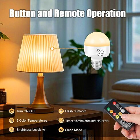 E26 Rechargeable Light Bulbs,Magnetic LED Portable Bulb with Remote and Timer, Battery Operated and Dimmable 3 Color Temperatures Backup Bulb for Sconces and Bedside Lamps Non-Hardwired Fixture,2 Pack in Kuwait