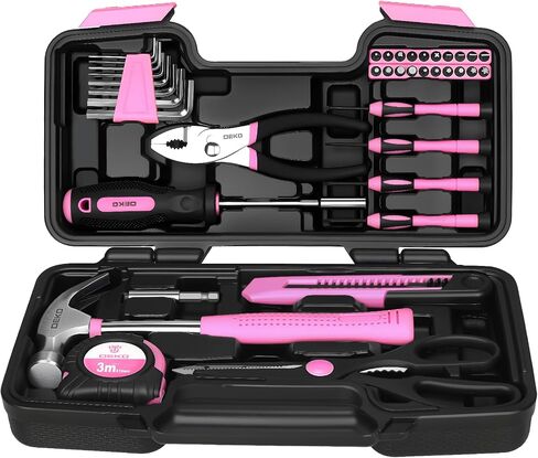 DEKOPRO 39-Piece Pink Household Tool Kit for Women, Basic Hand Tool Set with Plastic Toolbox Storage Case, Small Starter Tool Box Set for Home Repairs, DIY Projects, Crafts and Dorm Essentials in Kuwait