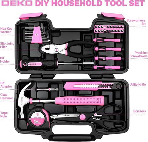 DEKOPRO 39-Piece Pink Household Tool Kit for Women, Basic Hand Tool Set with Plastic Toolbox Storage Case, Small Starter Tool Box Set for Home Repairs, DIY Projects, Crafts and Dorm Essentials in Kuwait