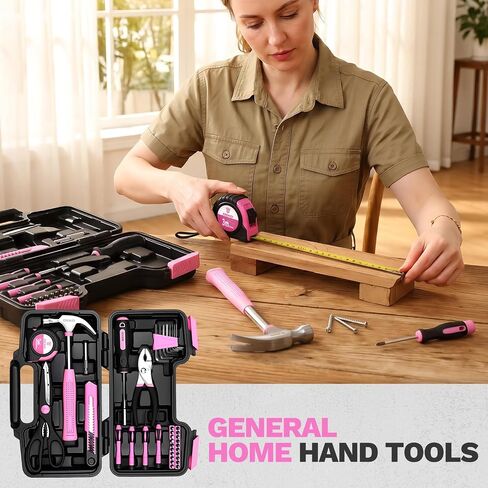 DEKOPRO 39-Piece Pink Household Tool Kit for Women, Basic Hand Tool Set with Plastic Toolbox Storage Case, Small Starter Tool Box Set for Home Repairs, DIY Projects, Crafts and Dorm Essentials in Kuwait
