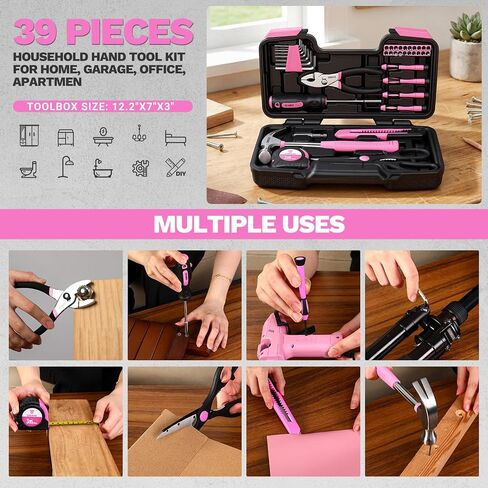 DEKOPRO 39-Piece Pink Household Tool Kit for Women, Basic Hand Tool Set with Plastic Toolbox Storage Case, Small Starter Tool Box Set for Home Repairs, DIY Projects, Crafts and Dorm Essentials in Kuwait