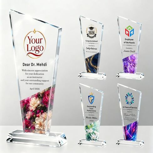 جائزة Crystal Trophy المخصصة - جائزة مخصصة مع نص صورة الشعار - جوائز وجوائز تذكارية لتقدير الشركات، وسنوات الخدمة، وموظف الشهر، والتقاعد، وهدايا تقدير الموظف in Kuwait