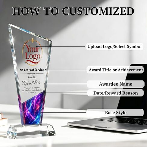 جائزة Crystal Trophy المخصصة - جائزة مخصصة مع نص صورة الشعار - جوائز وجوائز تذكارية لتقدير الشركات، وسنوات الخدمة، وموظف الشهر، والتقاعد، وهدايا تقدير الموظف in Kuwait