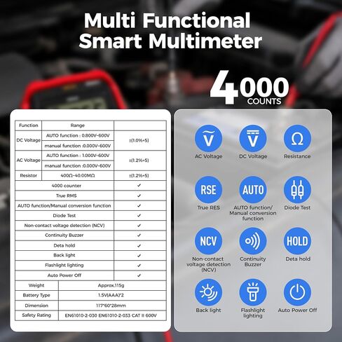 Premium True RMS Multimeter Tester, Digital Multimeter Auto Ranging | 4000 Counts, NCV, Smart Digital Multimeter Voltage Tester for AC/DC, Resistance, Continuity for Home, DIY and Automotive Use in Kuwait