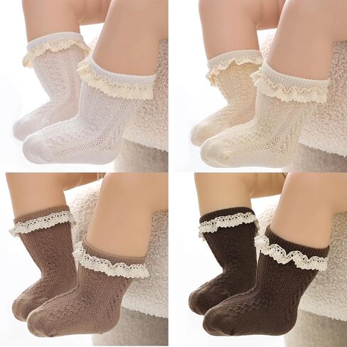 Meeshine 5 Pack Toddler Girls Ruffle Socks Eyelet Lace Trim Cotton Frilly Princess Dress Mesh Ankle Socks for 0-3T Infant in Saudi Arabia