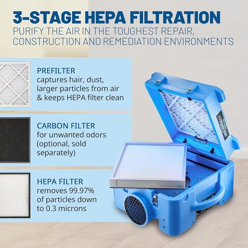 BlueDri Air Shield 550 HEPA Air Scrubber, Water Damage Restoration Equipment Air Purifier, Covers 1400 Sq. Ft, Daisy Chain Capable, For Commercial Use, Blue, BD-AS-550 in Kuwait