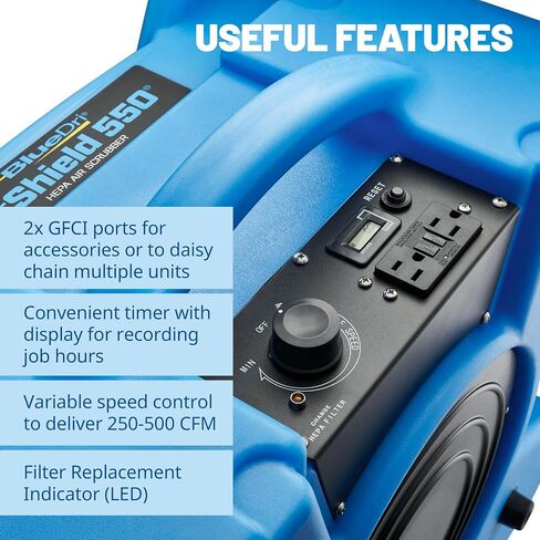 BlueDri Air Shield 550 HEPA Air Scrubber, Water Damage Restoration Equipment Air Purifier, Covers 1400 Sq. Ft, Daisy Chain Capable, For Commercial Use, Blue, BD-AS-550 in Kuwait