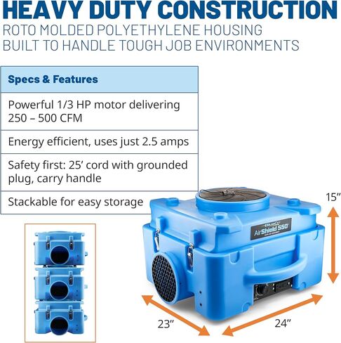 BlueDri Air Shield 550 HEPA Air Scrubber, Water Damage Restoration Equipment Air Purifier, Covers 1400 Sq. Ft, Daisy Chain Capable, For Commercial Use, Blue, BD-AS-550 in Kuwait