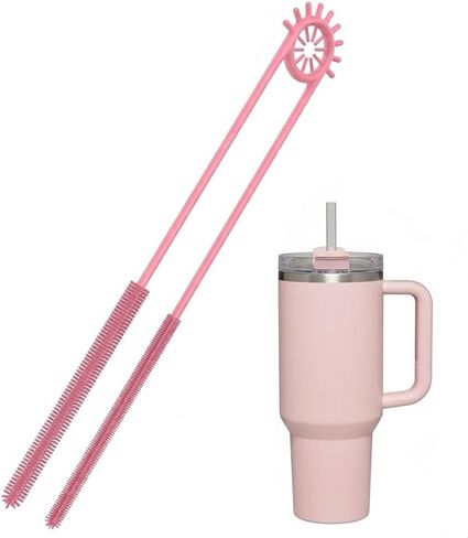 2-in-1 Dual-Ended Silicone Straw Cleaner Brush, Extra Long Reusable Straw Brush for Narrow Metal & Wide Smoothie Straws, Soft Bendable Cleaning Tool for Tumblers, 6mm + 9mm, Pink in Kuwait
