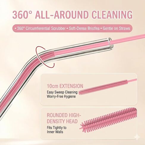 2-in-1 Dual-Ended Silicone Straw Cleaner Brush, Extra Long Reusable Straw Brush for Narrow Metal & Wide Smoothie Straws, Soft Bendable Cleaning Tool for Tumblers, 6mm + 9mm, Pink in Kuwait