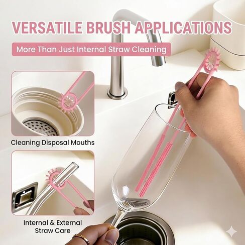 2-in-1 Dual-Ended Silicone Straw Cleaner Brush, Extra Long Reusable Straw Brush for Narrow Metal & Wide Smoothie Straws, Soft Bendable Cleaning Tool for Tumblers, 6mm + 9mm, Pink in Kuwait