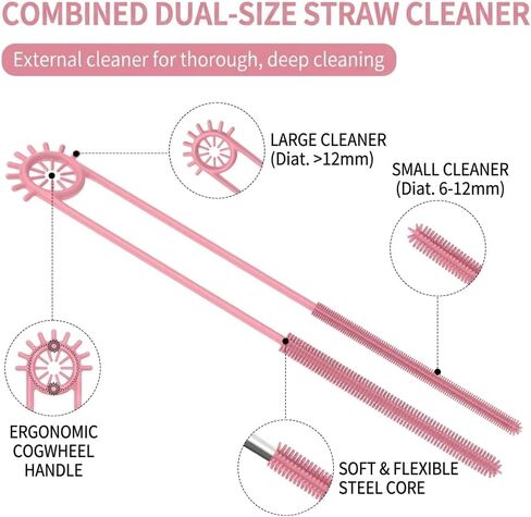 2-in-1 Dual-Ended Silicone Straw Cleaner Brush, Extra Long Reusable Straw Brush for Narrow Metal & Wide Smoothie Straws, Soft Bendable Cleaning Tool for Tumblers, 6mm + 9mm, Pink in Kuwait