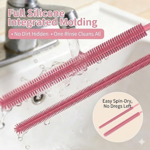 2-in-1 Dual-Ended Silicone Straw Cleaner Brush, Extra Long Reusable Straw Brush for Narrow Metal & Wide Smoothie Straws, Soft Bendable Cleaning Tool for Tumblers, 6mm + 9mm, Pink in Kuwait