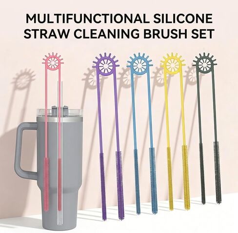 2-in-1 Dual-Ended Silicone Straw Cleaner Brush, Extra Long Reusable Straw Brush for Narrow Metal & Wide Smoothie Straws, Soft Bendable Cleaning Tool for Tumblers, 6mm + 9mm, Pink in Kuwait