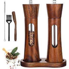 Wood Salt and Pepper Grinder Set, 8 inch Manual Refillable Wooden Salt and Pepper Shakers Mill with Brush, Tray and Spoon, Adjustable Coarseness, Solid Wood with Ceramic Stainless Steel Core in Saudi Arabia