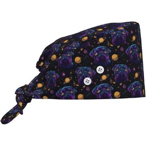 Neon Pug Dog Stars Print Scrub Caps Women Men, Adjustable Nurse Cap Surgical Caps Scrub Hats for Women Men, Working Cap with Buttons for Hanging Face Masks in Kuwait
