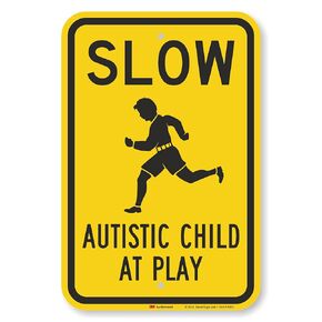 SmartSign 18 × 12 بوصة "Slow - Autistic Child At Play" لافتة معدنية، 63 مل ألومنيوم، مادة عاكسة من الدرجة الهندسية 3M، أسود، فضي وأصفر، صنع في الولايات المتحدة الأمريكية in Kuwait