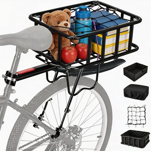 Rear Bike Rack with Basket & Mudguard,130 LB Capacity Removable Adjustable Bike Basket Rear,Aluminum Alloy Bike Cargo Rack for Most Bikes and E-Bike with Liner,Waterproof Cover,Cargo Net in Kuwait
