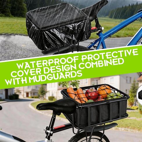 Rear Bike Rack with Basket & Mudguard,130 LB Capacity Removable Adjustable Bike Basket Rear,Aluminum Alloy Bike Cargo Rack for Most Bikes and E-Bike with Liner,Waterproof Cover,Cargo Net in Kuwait