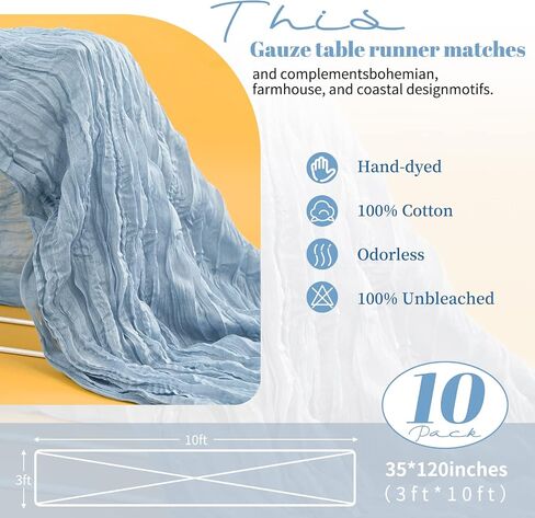 10 Pack Dusty Blue Cheesecloth Table Runner, 35×120 Inch Long Semi-Sheer Boho Rustic Guzae 10 ft Table Runner for Wedding , Party ,Bridal Shower Decor in Kuwait