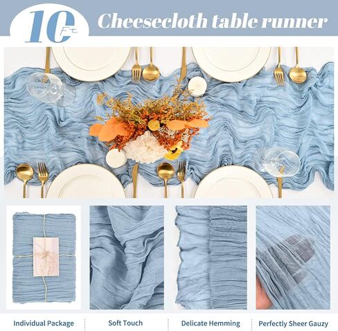 10 Pack Dusty Blue Cheesecloth Table Runner, 35×120 Inch Long Semi-Sheer Boho Rustic Guzae 10 ft Table Runner for Wedding , Party ,Bridal Shower Decor in Kuwait