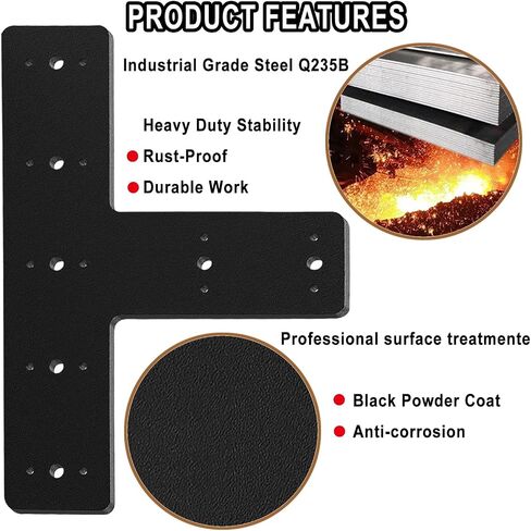 T Post Bracket 2PCS, T Flat Mending Plate for Wood 4x4,6x6 Lumber, Black Powder Coated Heavy Duty T Beam Bracket, T Shape Post to Beam Connectors in Kuwait